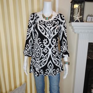 CEZANNE DAMASK BELL SLEEVE TOP, BLACK/WHITE S